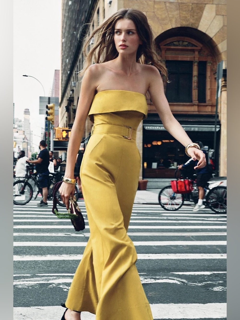 ZARA Strapless Linen-blend Wide Leg Belted Jumpsuit Mustard Olive NWT M